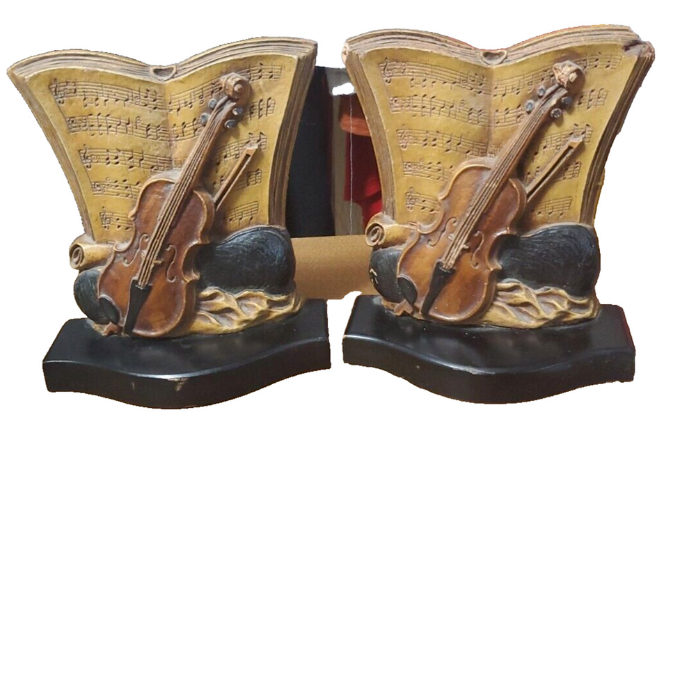 Vintage Set of 2 Syroco Wood Violin Music Sheets Bookends Syracuse Old Damage
